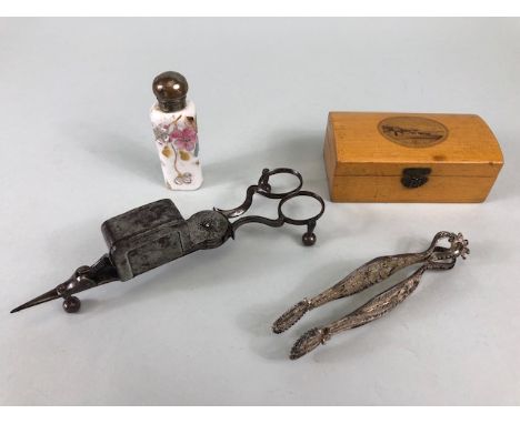 !9th century miscellaneous items ,being a pair of white metal filagree sugar tongs Bohemian china sent bottle with white meta