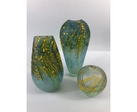Studio art glass, three  hand blown glass vases of greenish opaque glass with splash and line work in tones of yellow and gre
