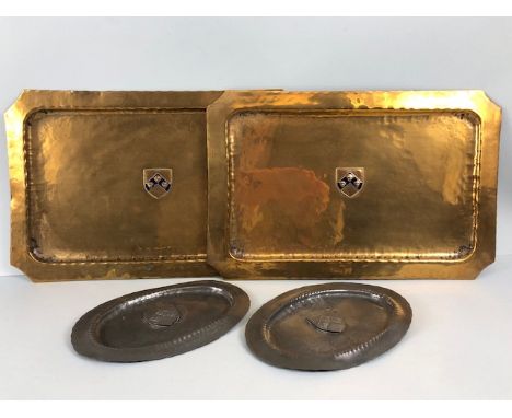 Local interest: Metalware to include a pair of copper trays each with applied central coat of arms/ shield for Colyton Gramma