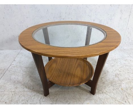 Circular glass topped mid century coffee table with removaable lower shelf/tray