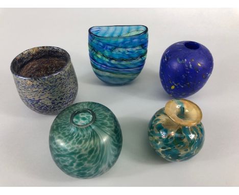 Studio art glass, 5 small  hand blown glass vases in colours of blues and greens  2 with illegible  signatures the largest ap
