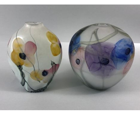 Art / Studio glass, two hand blown studio glass pots opaque layered glass with designs of poppy's in varying colours, ground 