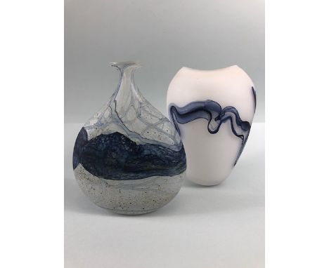 Studio art glass, two hand blown  opaque glass vases both with pontil bottoms and blue marbling type decoration 