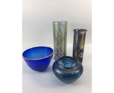 Decorative glass, four  items of  art glass being 2 blue tone  iridescent cylinder vases  a blue swirl design bowl and a plai