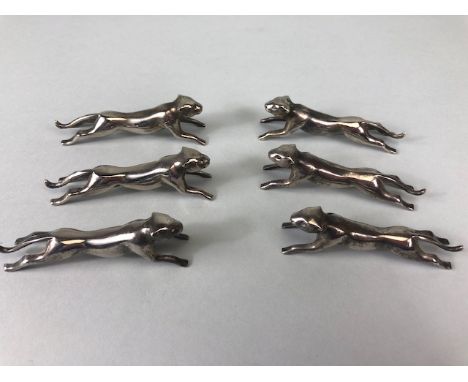 Art Decco, set of six Art Decco silver plated Cartier style panther knife rests 