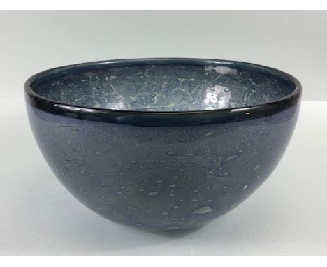 Studio art glass, large twin layered glass bowl of blue grey colour with  raindrop splash design ground bottom signed BM 70, 