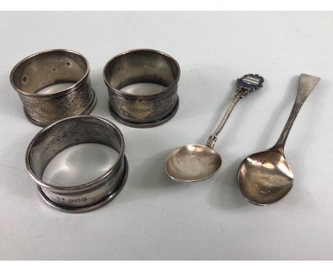 Collection of silver items to include Three Hallmarked silver napkin rings and two silver spoons (one Georgian the other with