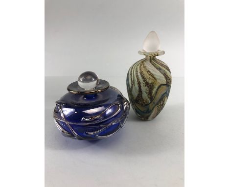 studio art glass, two hand blown sent bottles, one of blue glass with bronze and silver raised glass overlay signed Greenhalg