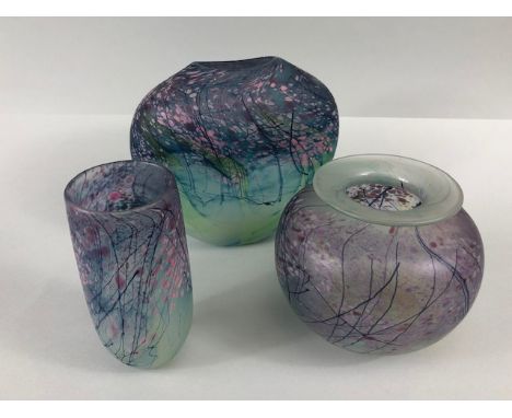 Studio / art glass,  three hand blown studio glass pots of opaque greenish glass with stylised design of trees and blossom in