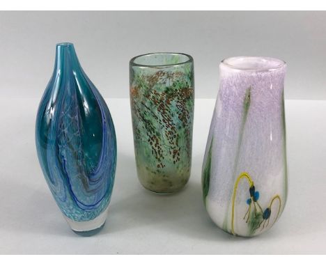 Studio Art glass, three art glass vases one of white glass with design of budding flowers one of marbled turquoise glass the 