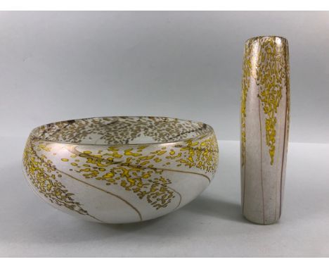 Studio art glass, an opaque glass hand formed bowl and a cylinder vase, both with a golden yellow droplet design , both with 