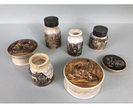 STAFFORDSHIRE POT LID POTLID PRATTWARE: Selection of 19th century Prattware potlids and two pewter lidded pots various (potli