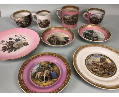 F & R Pratt Collection of Prattware Plates cups and saucers (9) 
