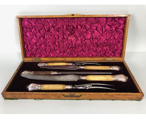 Victorian Boxed set of carving knives and forks by maker Harrison Bros & Howson Sheffield with Stag Antler Handles and Fully 