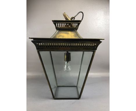 Vintage lighting, a 19th century style Porch or hall suspended taper box Lantern, patinated brass frame with plain glass pane