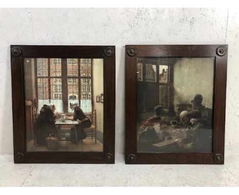 Pair of large wooden art nouveau frames containing victorian prints each approx 64cm x 78cm 