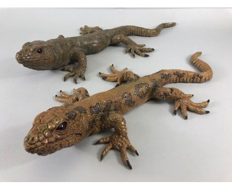  Pottery sculpture, two naturalistic art sculptures of large monitor lizards  one brown one green both approximately 46cm lon