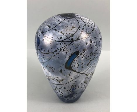 Studio Art Glass, hand blown vase with iridescent metallic design to body, pontil base with signature approximately 21cm high