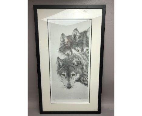 Art Print, Limited edition signed  print of Wolves, 588/600 by A Robinson in contemporary black frame approximately 41 x 72 c