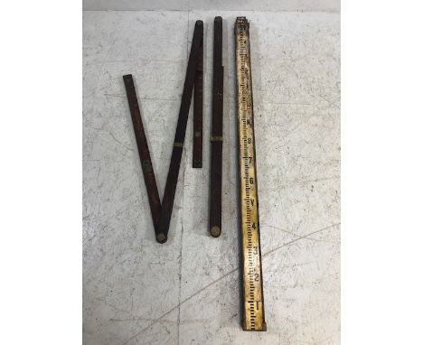 Decorators interest, vintage wooden telescopic painted box section  measuring stick and 2 mahogany levels with brass fittings