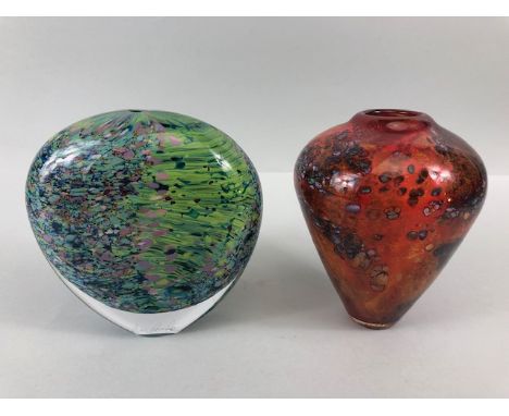 studio Art glass, two studio vases, one flat heart shape with mixed intense colours  other amphora shaped in flame red with c