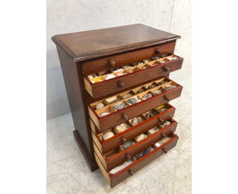 Fossil interest, Victorian wooden collectors cabinet with a run of 8 drawers containing an outstanding collection of small se