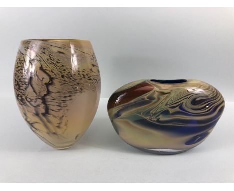 Studio art glass, two large vases with swirl design of blue and brown glass, ground pontil bases, the larger approximately 23