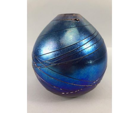 Studio art glass, hand blown iridescent blue ball vase with raised swirl decoration signed Siddy Langley approximately 17cm h