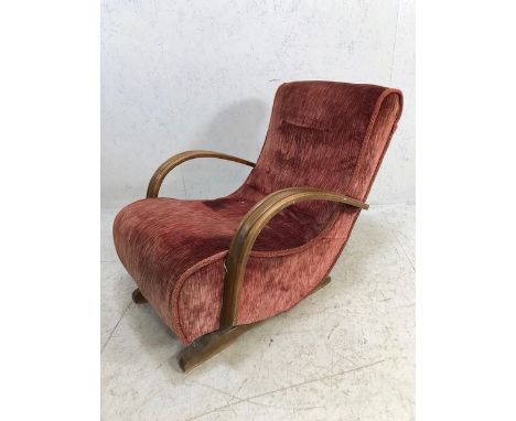 Original art deco armchair with scroll arms and sprung seat with button back red upholstery and piping 