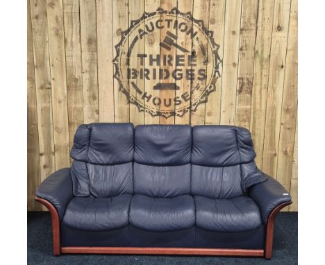 Ekornes stressless dark blue leather three seat reclining sofa 