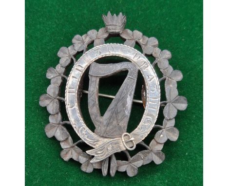 Antique Irish Bogwood and silver brooch. Carved Irish harp and shamrocks. [5.5x5cm] 