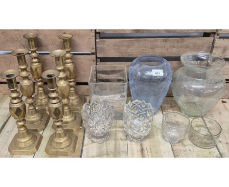 A Selection of collectables; Brass diamond cut candlesticks &amp; vintage glass wares 