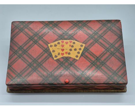 Scottish Mauchline Tartan "Royal Stuart Clan" Card box with contents [a/f], Two thimble holders &amp; Clan Stewart snuff box 