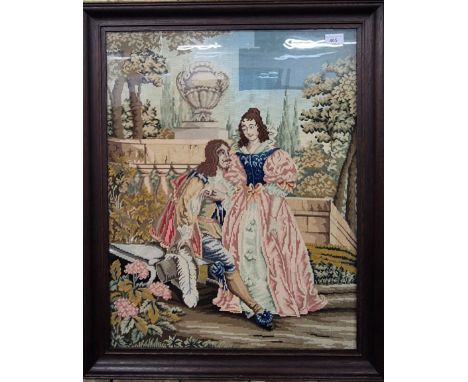 19th century needlework tapestry depicting couple romancing. Fitted within an oak frame. [Frame- 82x66cm] 