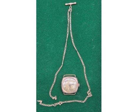 Antique 9ct yellow gold cased watch. Together with a 9ct yellow gold curb chain and t-bar- as found. [without working and gla