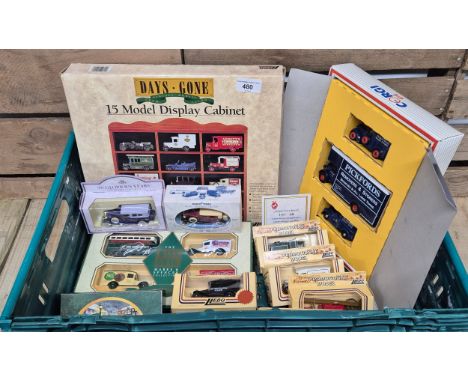 A crate of vintage advertising van models &amp; boxed days gone display cabinet together with Corgi Pickfords model van set 