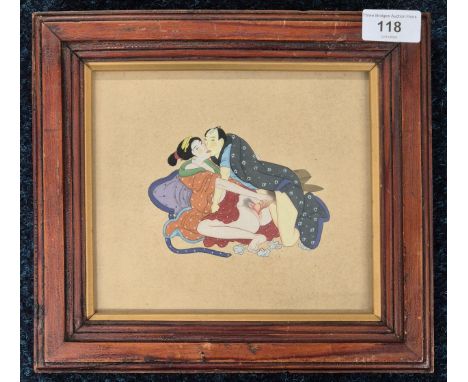 Antique Asian Erotic scene painting. 19th century. Fitted within an antique frame. [Frame- 24x26.5cm] 