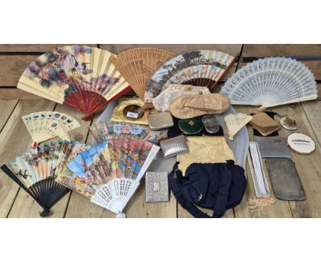 A Selection of collectables; antique Fans, vintage compacts &amp; evening purses
