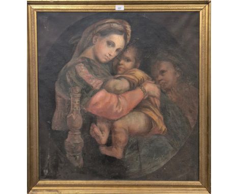 Antique oil painting on canvas "Madonna della sedia" attributed to Raphael. Fitted within a gilt frame. [Frame- 90x84cm]