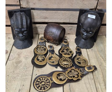 A Pair of heavy African bust book ends, antique barrel tea caddy containing vintage stamps together with vintage horse brasse