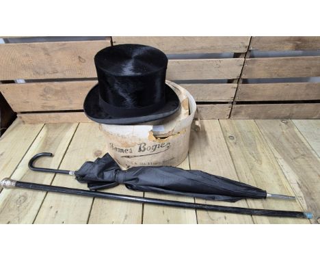 London silver top walking stick, umbrella and Antique James Bogie of Kirkcaldy Top Hat.