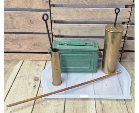 A Tray of military related items; Cal. 30M1 ammunition box, WW1 &amp; 2 trench art vases, converted &amp; Military Glasgow O.