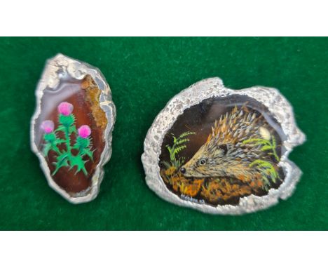 Two Vintage Sterling Silver mounted brooches depicting hedgehog &amp; thistle scene [4cm] 