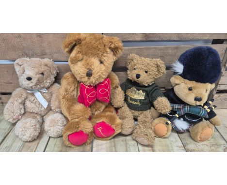 A collection of four vintage Harrods Teddies; Scottish Piper, Valentines days &amp; others