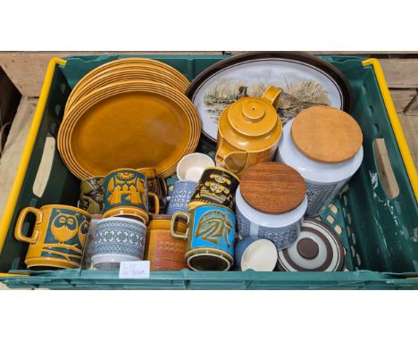 A Crate of mid century ceramic collectables; Animal Pattern Hornsea tea cups, Tapestry pattern preserve jars and other Hornse