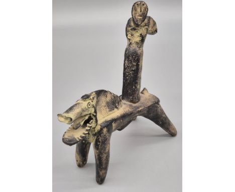 John Maltby [1936-2020] Studio pottery sculpture "Defending Angel on Wild Animal" [18.5x17cm]