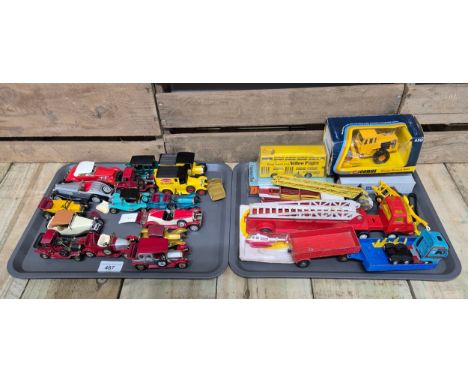 Two trays of vintage playworn cars, trailers  &amp; boxed Dinky bus together with  Corgi Raygo Rascal 459 roller model