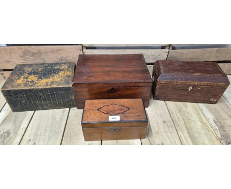 A collection of 19th century Tea Caddys &amp; boxes; Double section caddy boxes,&nbsp;Sewing box with wooden hinge possibly L