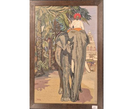 c1940's Indian Tapestry depicting Elephant Rider. [Oak frame- 78x54cm] 