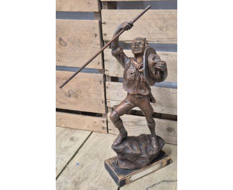 Heavy cast metal bronze scout figure sculpture- raised on a wooden plinth and having a presentation plaque. "Presented to W. 